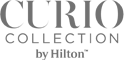 The image shows the "Curio Collection by Hilton" logo, featuring elegant, stylized text in grayscale.