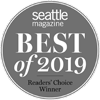 A gray circular badge labeled "Seattle Magazine Best of 2019 Readers' Choice Winner."