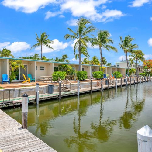 Waterfront scene with small houses, colorful chairs, palm trees, and a wooden dock beside calm water under a blue sky with clouds.