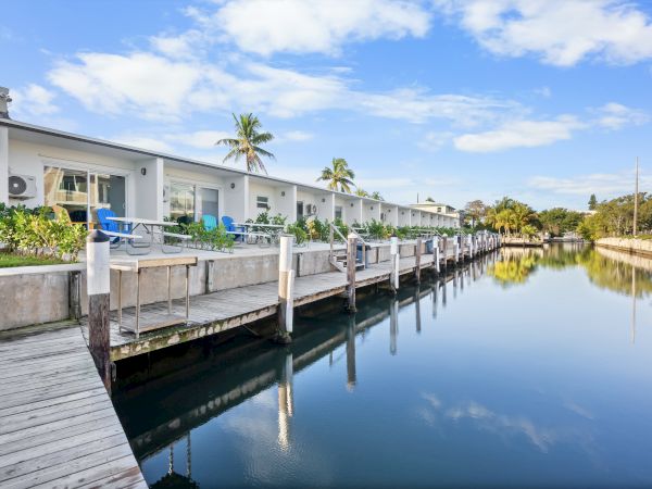 Waterside homes with palm trees and a wooden dock beside a calm canal under a blue sky with clouds.