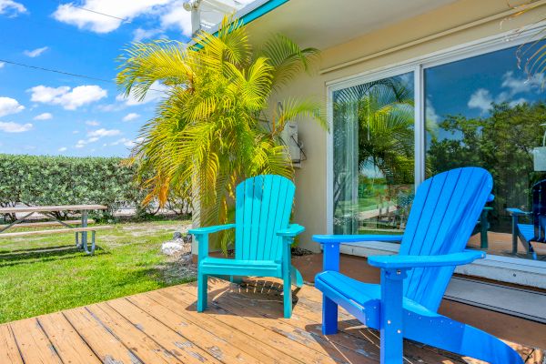 Two blue chairs on a wooden deck, next to a sliding glass door, with a palm tree and blue sky in the background.