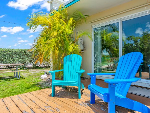 Two blue chairs on a wooden deck, next to a sliding glass door, with a palm tree and blue sky in the background.