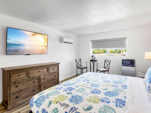A bright, cozy bedroom with a beach-themed bedspread, TV, dresser, small table, chairs, and window. Air conditioner and lamp included.