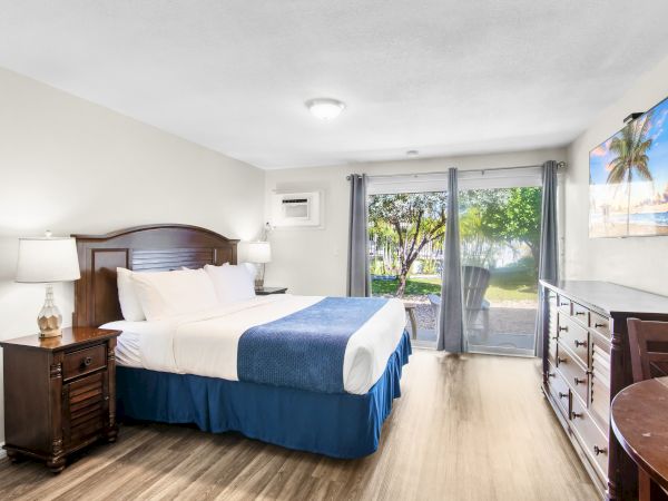 A bedroom with a large bed, two lamps on nightstands, a dresser, TV, and a window view of a garden or yard area.