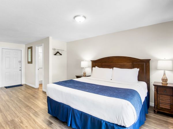 A clean hotel room with a large bed, two side tables with lamps, wooden flooring, and neutral-colored walls.