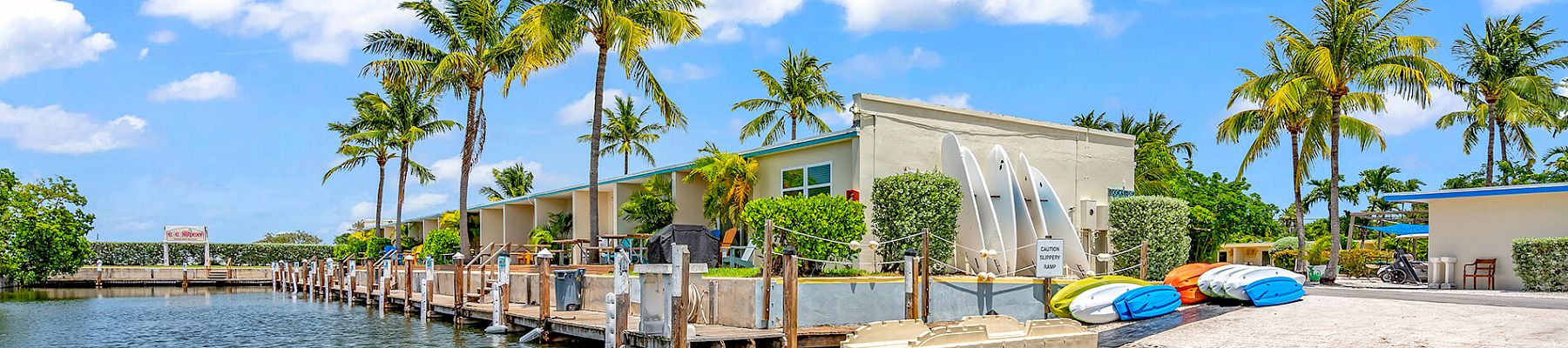 The image shows a waterfront area with palm trees, a dock, a building, and colorful kayaks, under a clear blue sky.