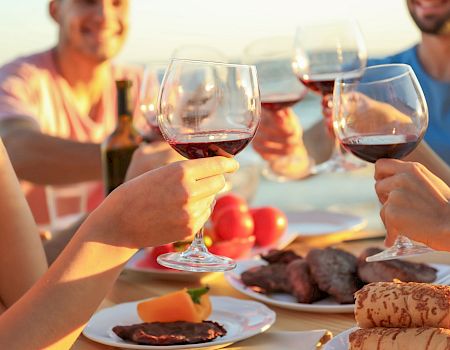 People clinking wine glasses at an outdoor meal with plates of food, including meat and vegetables, in a sunny setting.