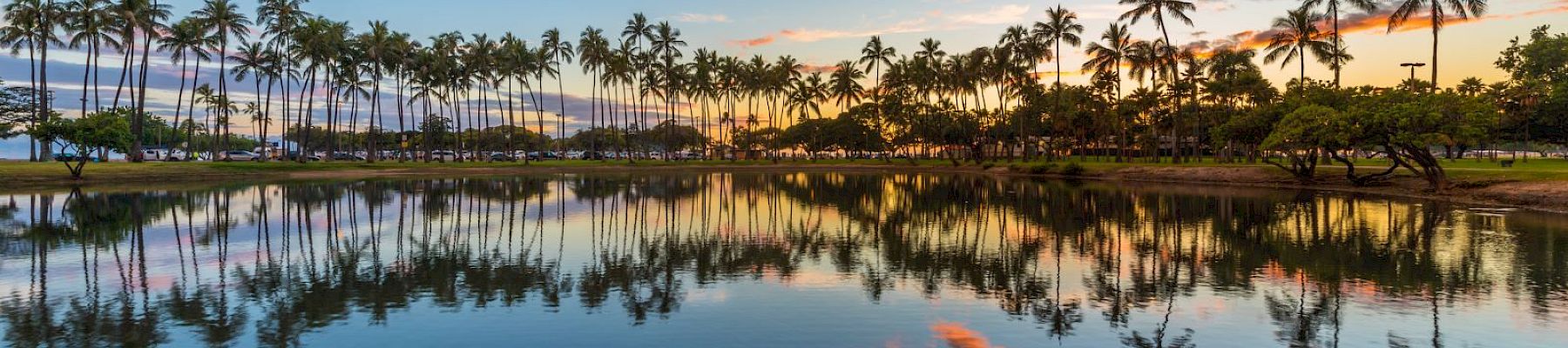 A serene landscape with palm trees reflecting in a calm body of water, under a colorful sky with vibrant clouds at sunset.