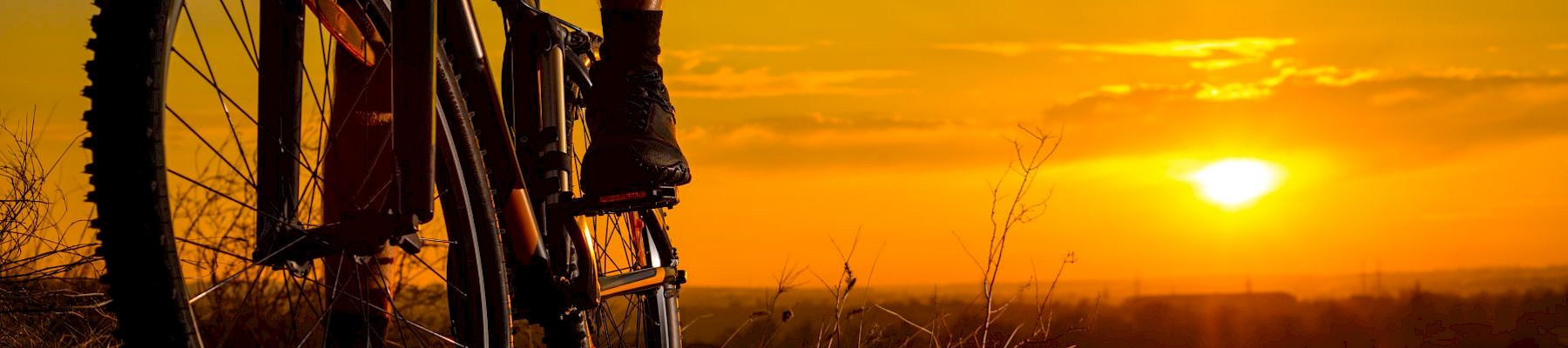 A person on a bicycle is silhouetted against a vibrant sunset, overlooking a reflective body of water, with a scenic horizon view.