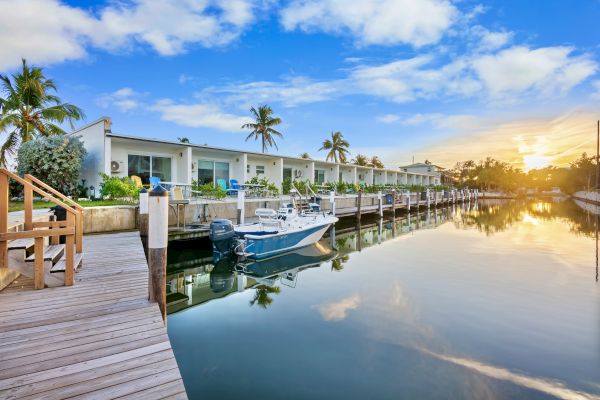 A tranquil waterfront scene with boats docked, a wooden walkway, palm trees, and a line of white buildings under a blue sky.