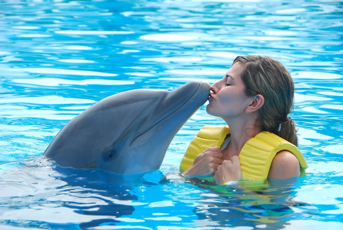 women kissing a dolphin
